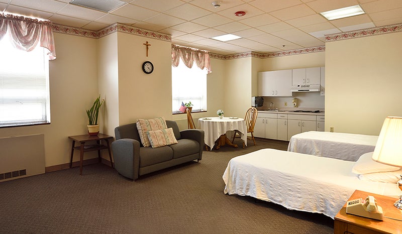 A wide shot of a patient's bedroom