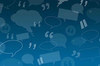 Quotation marks, speech balloons and thought balloons on top of a gradient background